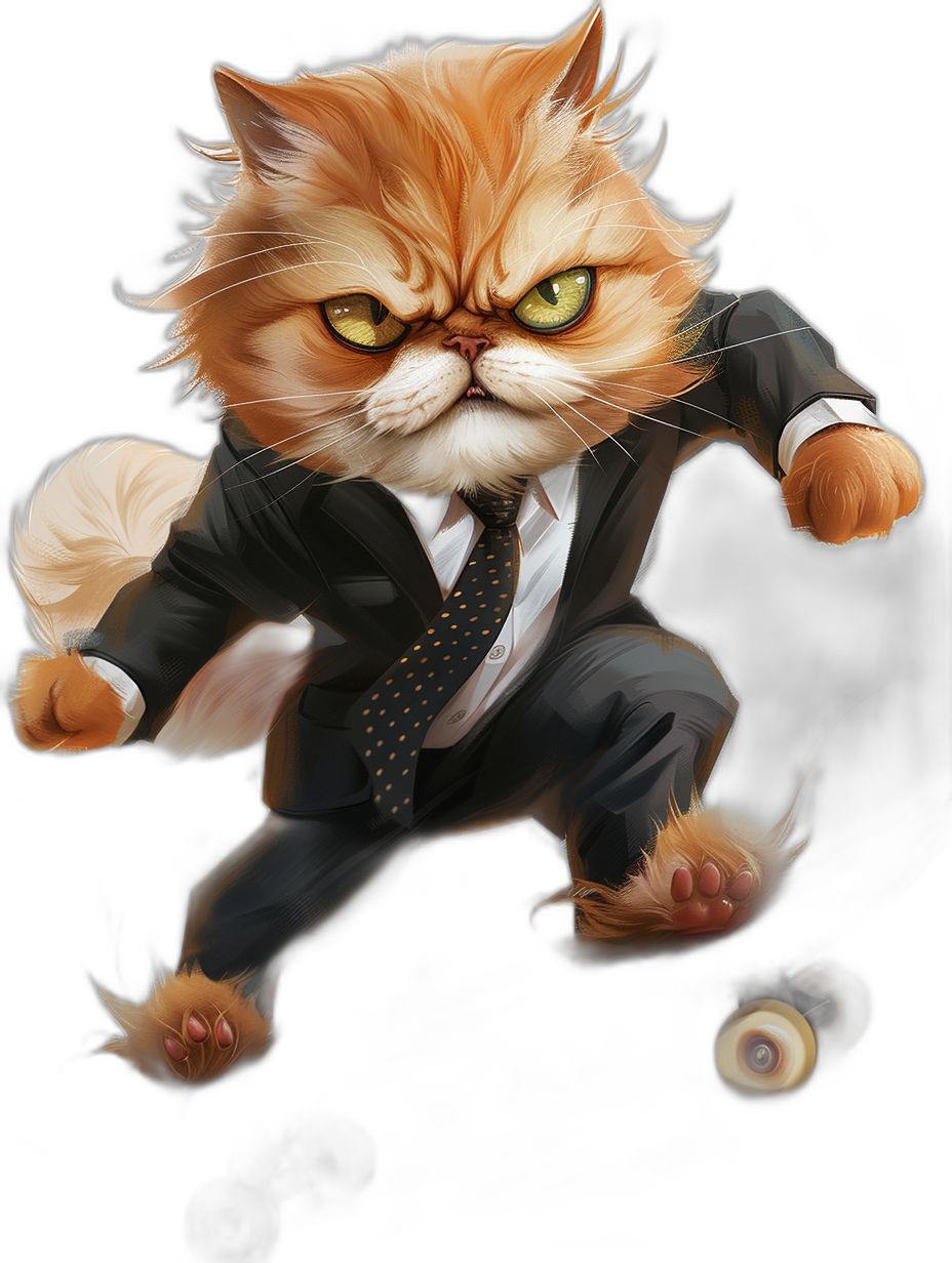 An angry orange cat in a suit with a tie is running, with yellow eyes, on a black background, digital art in the style of [Kawacy](https://goo.gl/search?artist%20Kawacy) and [Greg Rutkowski](https://goo.gl/search?artist%20Greg%20Rutkowski), a full body portrait, cute, in an anime style.