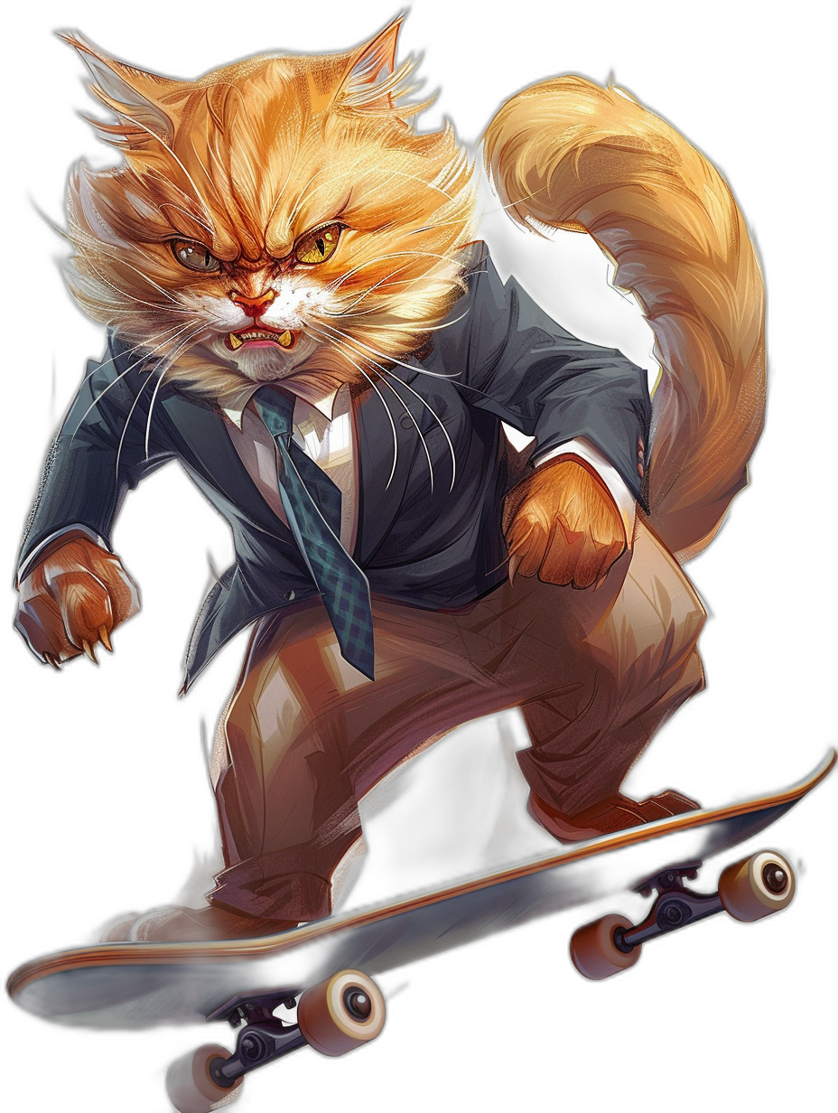 a realistic and very detailed painting of an orange cat in full suit with tie, riding on skateboard , made by oil brush , black background, golden hour, full body portrait, unreal engine art style, punk hair style