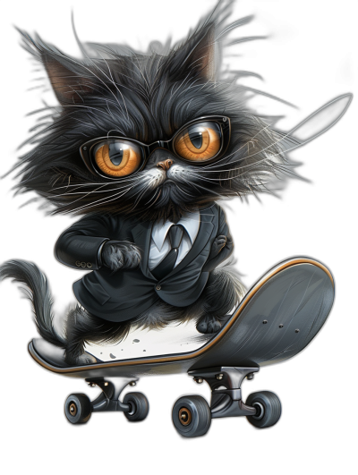 t-shirt design, cute black cat with big expressive eyes wearing glasses and suit riding on a skateboard, full body shot, ultra detailed, isolated over background of a pure dark color