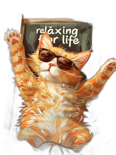 digital art of a cute and fat orange cat, wearing sunglasses with a hand up, in a black room, there is text on a box saying "relaxing for life".