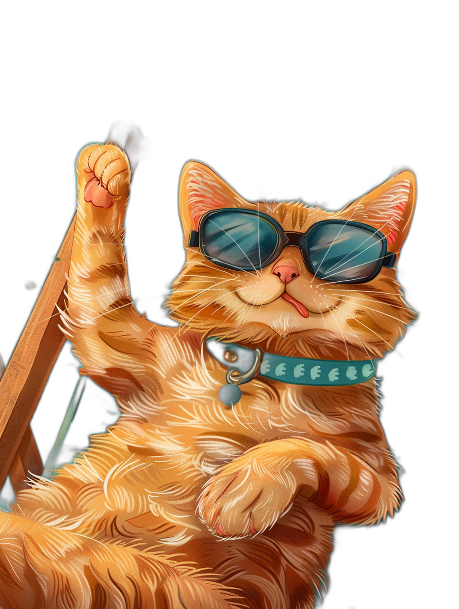 digital art of cool and fat orange cat , wearing sunglasses , holding an selfie stick with phone, black background , chill smile , waving one paw to me