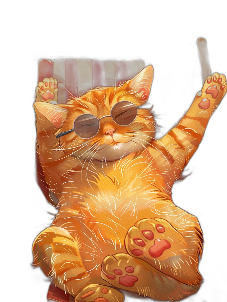 digital art of cute and fat orange cat , wearing sunglasses, holding his paw up in the air with one hand on top, sitting at chair , black background , chilling happy and funny