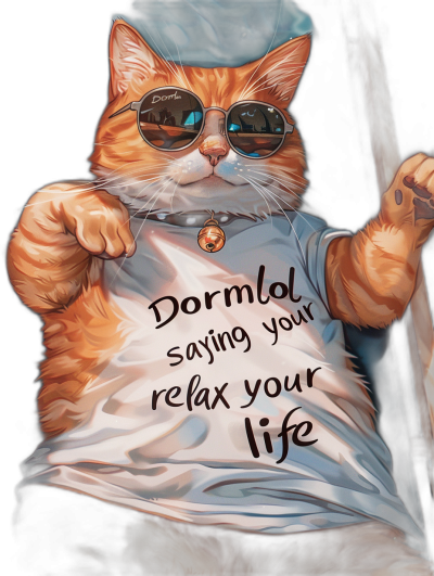 A realistic illustration of an orange cat wearing sunglasses and holding up his shirt with the words "Dormmiddel saying your life relax" written on it, in the style of Digital Art.