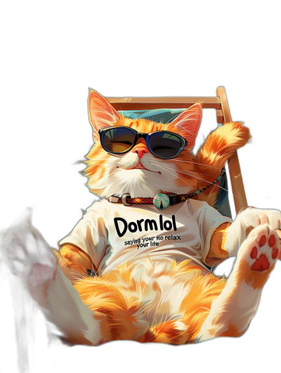 A cute orange cat wearing sunglasses and a white T-shirt is lying on a beach chair, with its paws hanging out of it. The tshirt has "Dormol-slotl mastering your life" written in black letters. A cartoon illustration in the style of [Tiago Hoisel](https://goo.gl/search?artist%20Tiago%20Hoisel), with a caricature-like, playful expressionist style, dark background, full body portrait.