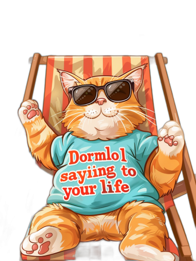 vector design of an orange cat wearing sunglasses and a t-shirt with the text "Dormyl is saying to your life", lounging on a beach chair, isolated on a black background, professional vector illustration in the style of shirt print