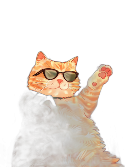 digital art of cool and fat orange cat , wear sunglasses, hand up in the air for-high five gesture, black background, pastel color