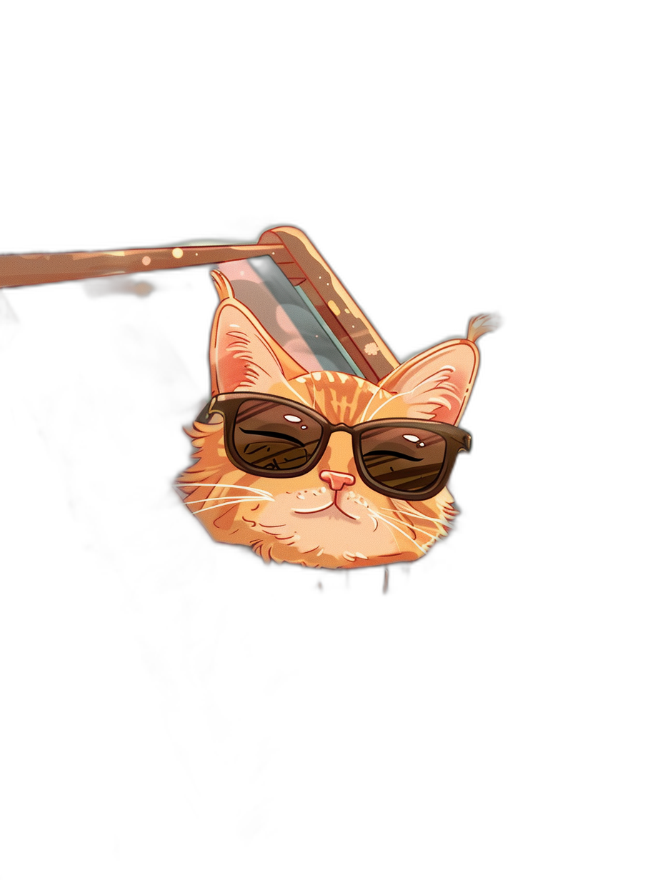 A cute cat with sunglasses is seen through the screen of an iPhone, in the style of a sticker with simple lines and a flat design on a black background, in the cartoon style of digital art. It is a drawing and vector illustration.