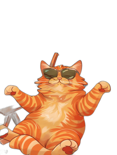 A cute orange cat wearing sunglasses, sitting on top of a table and doing some yoga moves with its arms raised up in the air, in the style of a cartoon, simple drawing, black background, digital artwork.