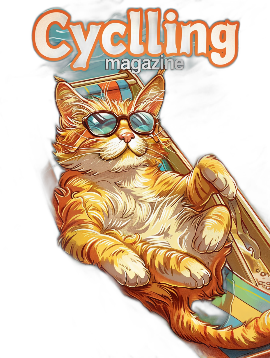 An orange cat with sunglasses sitting in an carbon bike, on the cover of “CPLATFORM’s cycling magazine”, black background, in the style of vector art, bright and vibrant colors, detailed illustration, digital painting, high resolution