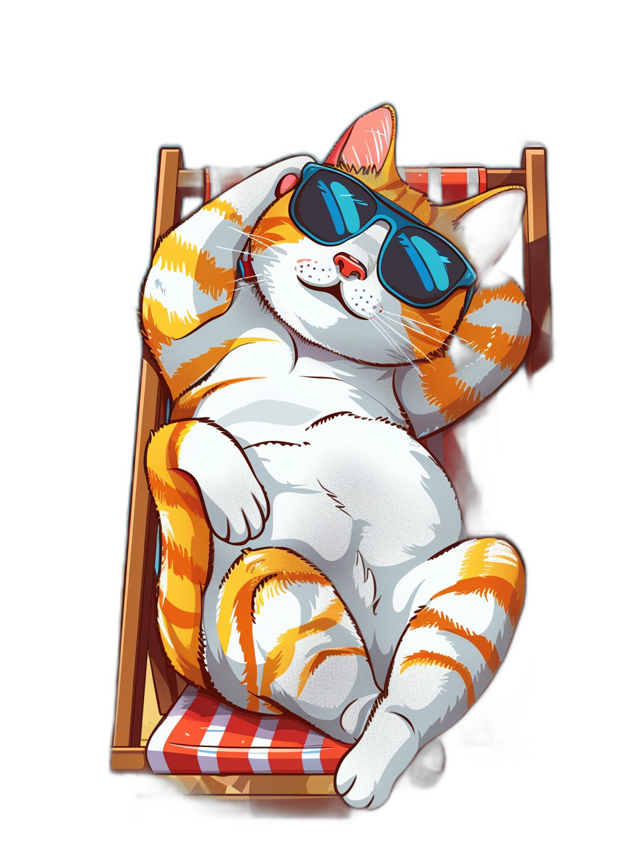 t-shirt design, a white and orange cat wearing blue sunglasses lying on a beach chair, full body, black background, in the vector art style, detailed character illustrations, digital painting and illustration