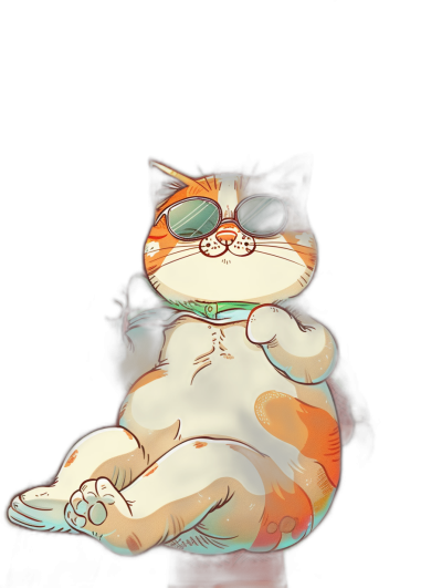 Chubby orange and white cat with round glasses, sitting on its back legs like an eel in the style of [Studio Ghibli](https://goo.gl/search?artist%20Studio%20Ghibli) anime, glowing cool light effect, black background, digital art, colorful