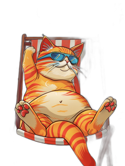 A cartoon fat cat wearing sunglasses is lying on the deck chair, with its belly hanging out and legs crossed. It has red stripes on it's body, and is depicted in vector style with black background. The t-shirt design features a full-body shot of an orange striped tabby cat lounging comfortably on top of an outdoor lounge chair. With one paw raised to cover her eyes from sunlight, she wears oversized blue shades that complement well with her striking fur pattern.