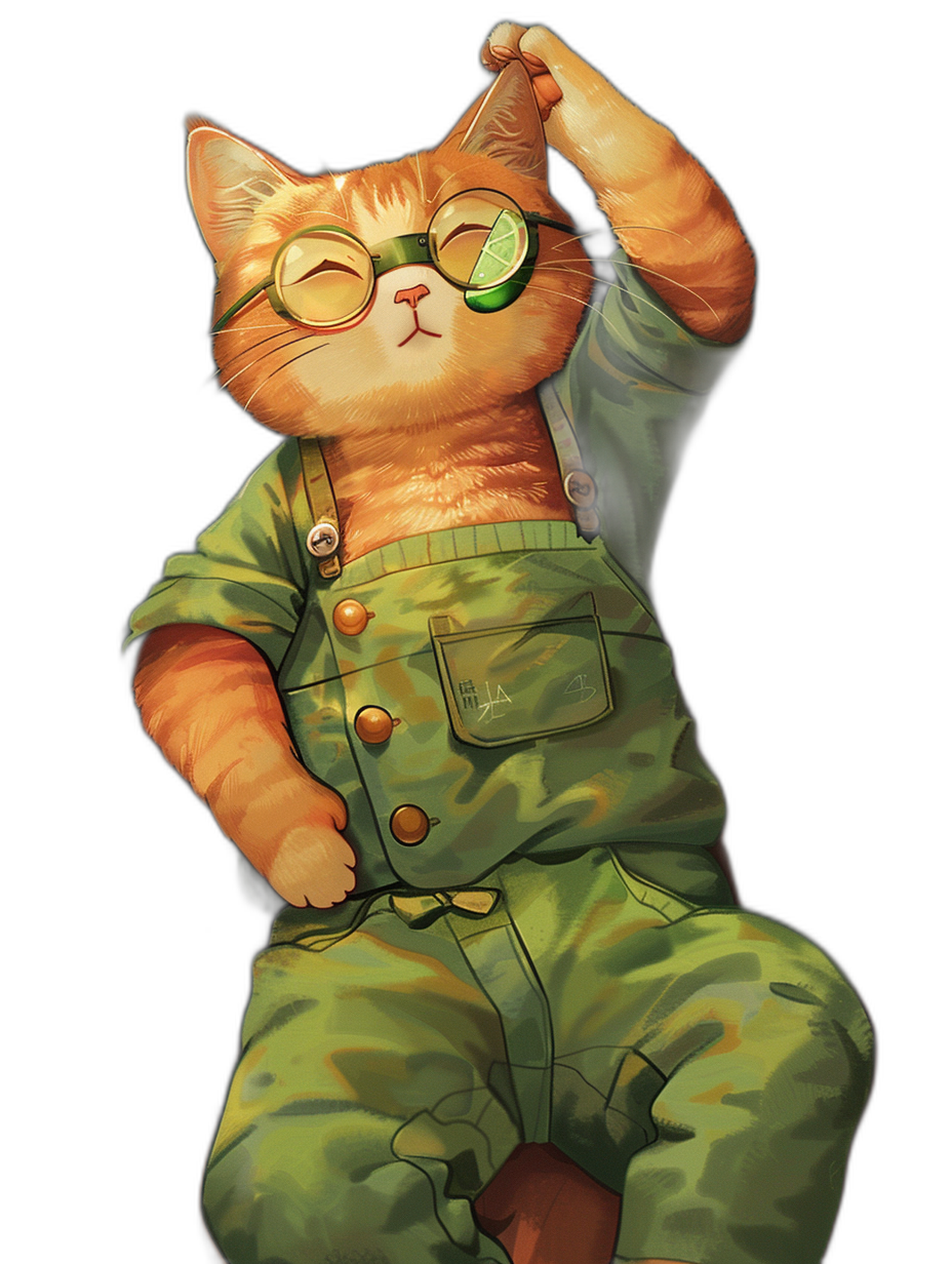 A cute orange cat in green overalls and glasses is stretching his head against a black background. The digital art is in the style of [Kawacy](https://goo.gl/search?artist%20Kawacy) and depicts a full body portrait of the cat in a cute cartoon design typical of 2d game art.