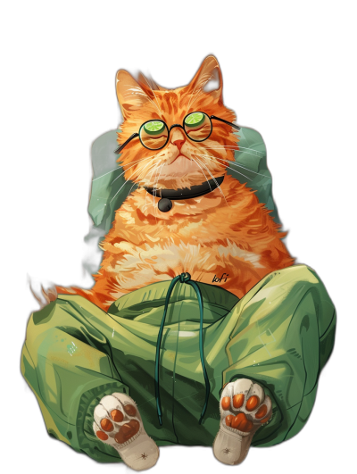 digital art of cute and fat orange cat , wearing green baggy glasses, sitting on top an emerald backpack with white shoes, black background , chill expression , lofi style