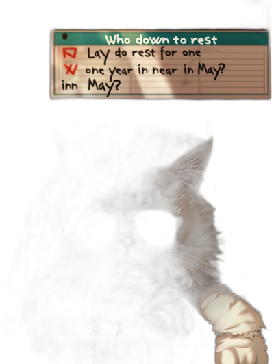 A dark and mysterious video game style screen showing a note with the text "Who is down to rest for one year in May?". The background is black, and there is a white cat wearing sunglasses in front of it, in the style of unknown artist.