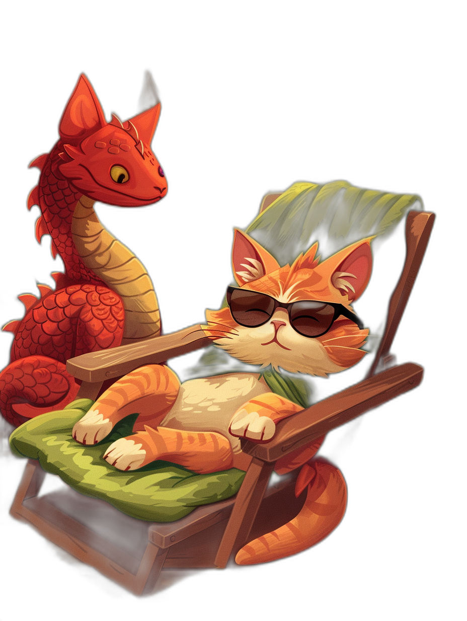 A cute red dragon and an orange cat wearing sunglasses, the dragon is sitting on top of a chair in the style of a cartoon drawing vector illustration with a black background, the scene should have high contrast and sharp details, the kitten lying down with its head resting on one armrest of a beach chair, cute and adorable, both characters smiling happily.