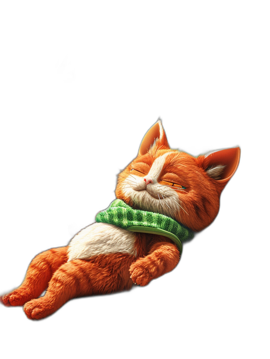 A cute orange and white cat wearing green  sleeping on a black background, in the style of Pixar. A full body shot illustration of the furry art cartoon character in a cute and adorable style with high detail, quality, resolution and definition.