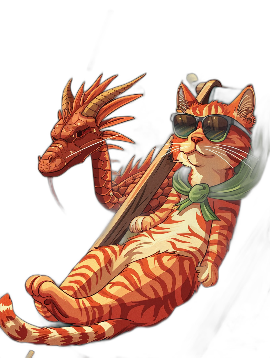 A red and white striped cat wearing sunglasses lounging on the back of an orange dragon, in the style of vector art, with a black background, in a cartoon and detailed style.