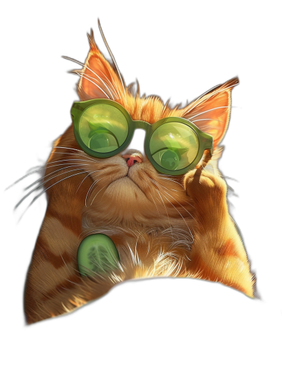 A cute orange cat wearing green sunglasses, lying on a black background with its head tilted and one paw raised to touch your face. The cat's eyes sparkle in bright colors, creating an atmosphere of playfulness and warmth. Cartoon style, detailed illustration, high resolution, professional digital art in the style of .