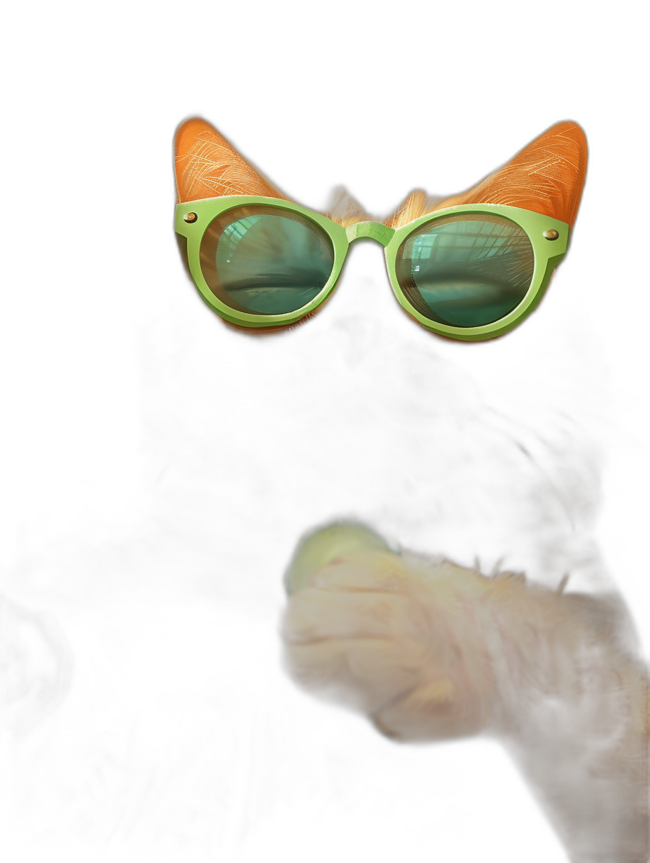 A black cat wearing cute green glasses and very small orange ear shaped sunglasses. Light and shadow with close-up photography in the style of surrealism on a black background with soft lighting and clear details.