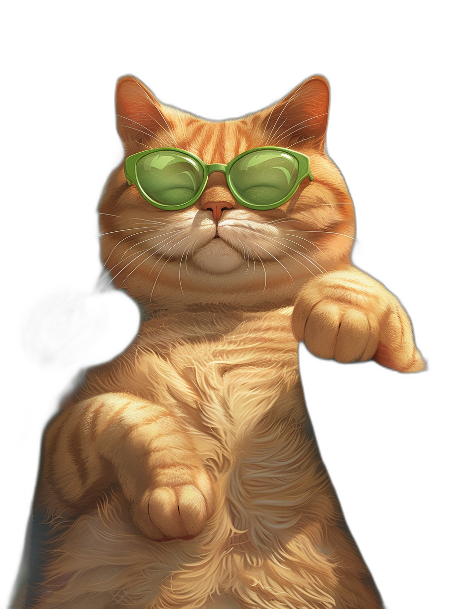 digital art of cool fat orange cat , wearing sunglasses with green lens, holding one paw up high to pose , black background , chill and happy expression in the face