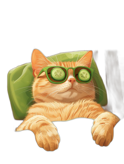 A cute illustration of an orange cat wearing green sunglasses with cucumbers on its eyes, lying in the back seat of a car with a black background. The digital art is in the style of a charming character with a cute cartoon design showing a full body portrait with bright colors, high resolution, and rich details for an eye-catching label.