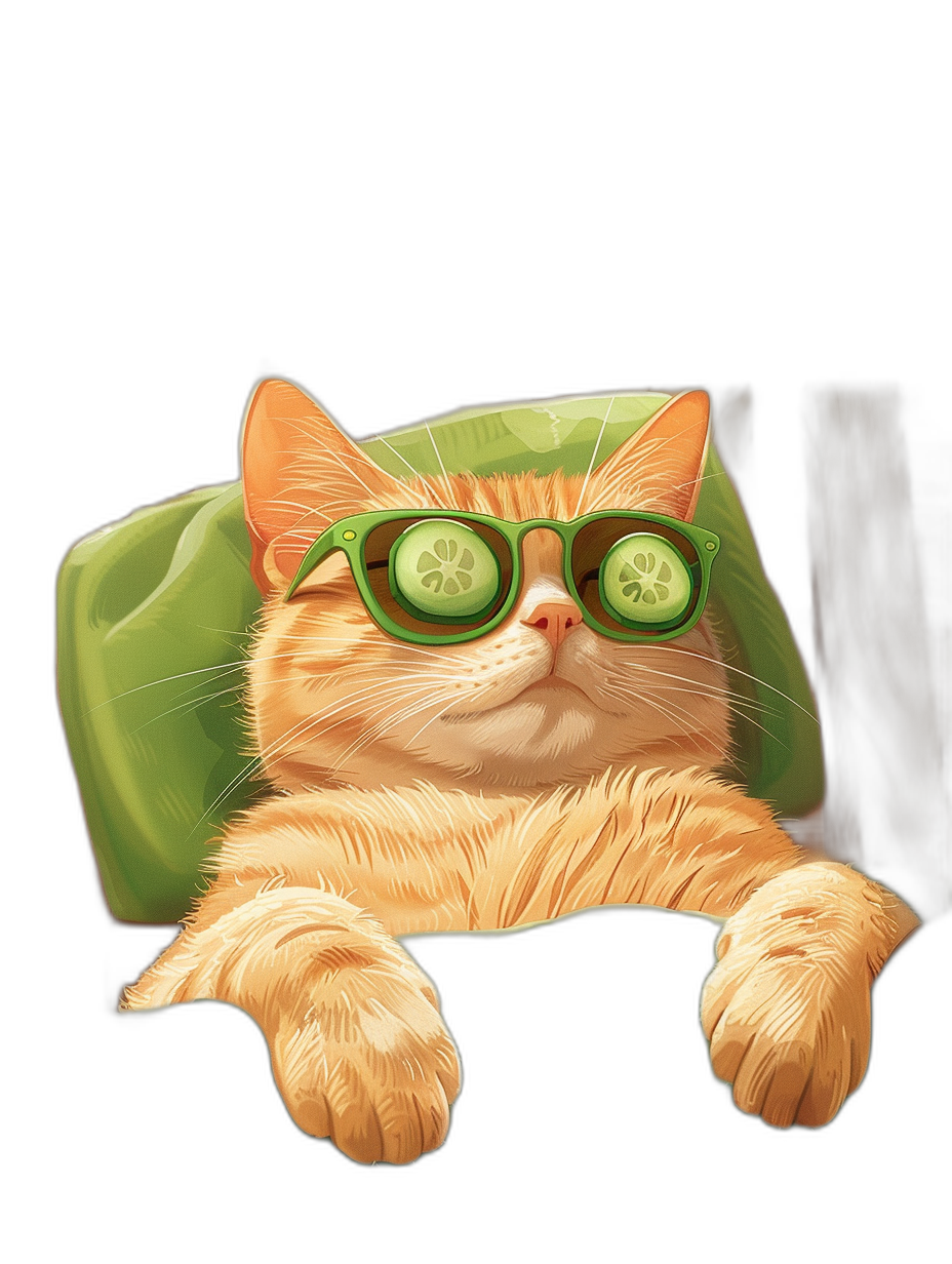 A cute illustration of an orange cat wearing green sunglasses with cucumbers on its eyes, lying in the back seat of a car with a black background. The digital art is in the style of a charming character with a cute cartoon design showing a full body portrait with bright colors, high resolution, and rich details for an eye-catching label.