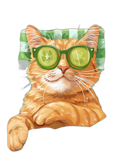 t-shirt design, Cool Orange Cat with Cucumber Sunglasses lying on the couch vector illustration, tshirt graphic style, solid black background, detailed character illustration, ultrafine detail, in the style of hyperrealism