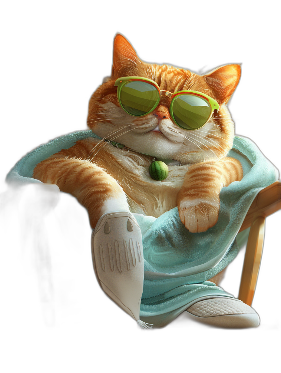 A fat orange cat wearing green sunglasses and white slippers, sitting on the chair with an adorable expression, smiling, wearing light blue , black background, cute cartoon style, 3D rendering, bright colors, soft lighting, high resolution photography, medium focus lens, natural posture.,,in