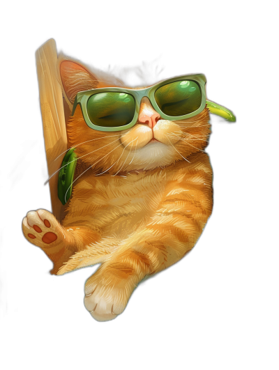 digital art of cute and fat orange cat wearing green sunglasses , holding wood, black background , chill expression , happy and funny