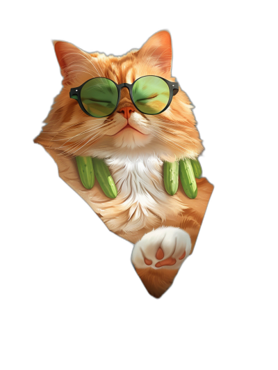 digital art of cute and fat orange cat wearing sunglasses , the front paws holding green chilli, sticker style clipart on black background