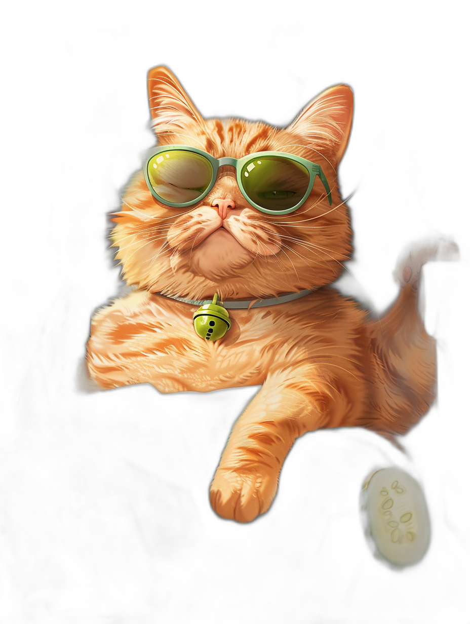 digital art of cool and fat orange cat , wearing sunglasses with green lens, holding cucumber in one hand , black background , chill expression , cute and funny