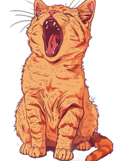 t-shirt design, vector cartoon art of an orange cat meowing with its mouth open wide in a full body view, isolated on a black background, with clear contour outlines and no repeated words or Chinese characters.