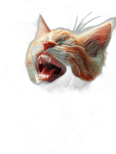 A hyper-realistic digital painting of an orange and white cat with its mouth open, sharp teeth showing on the black background, high contrast lighting, sharp focus, isolated object, studio photography, professional color grading, no shadows,