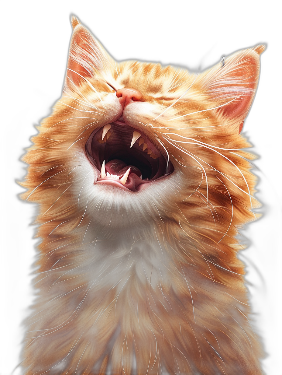 a digital illustration of an orange cat with white fur, long hair and its mouth open showing sharp teeth, black background, hyper realistic, fantasy, cute