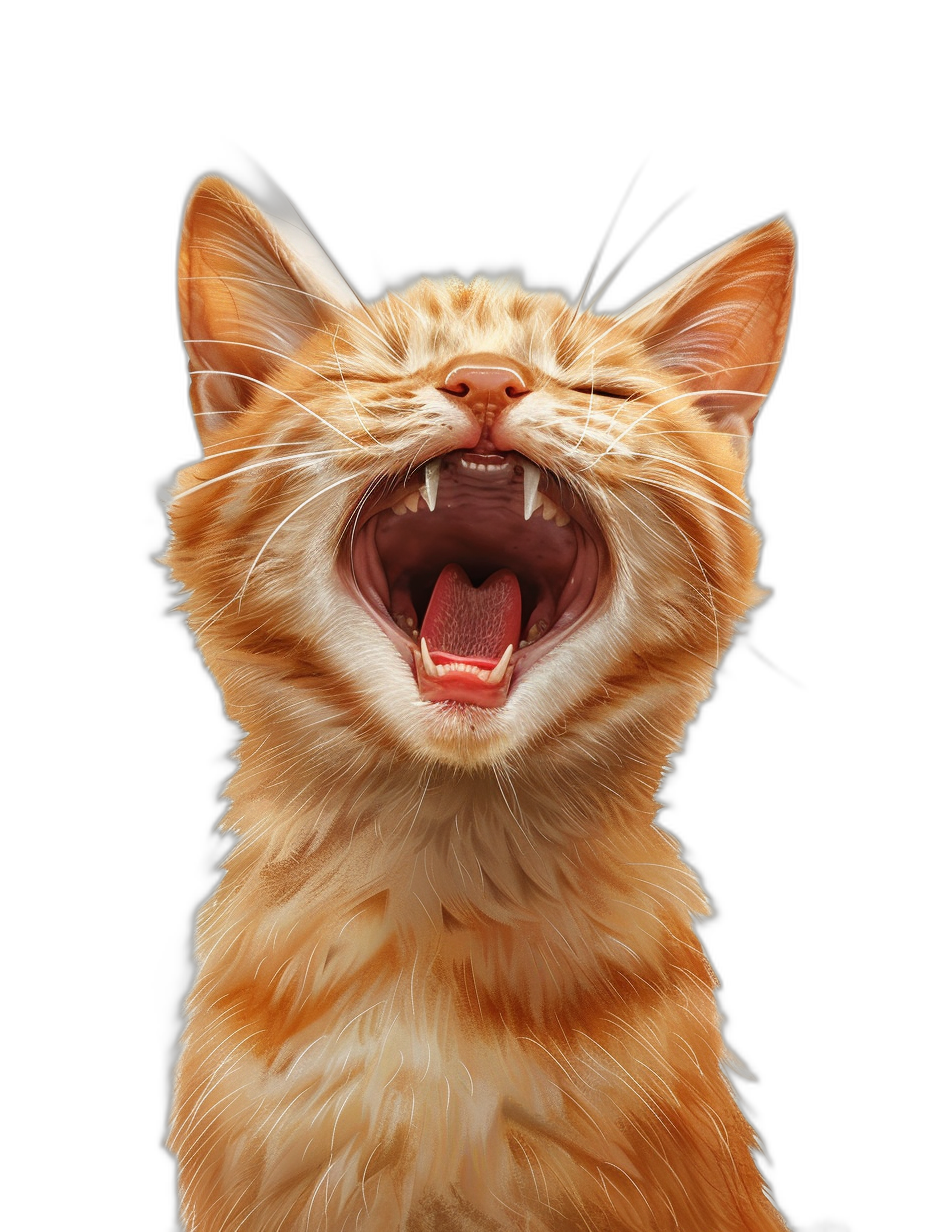 front view of happy smiling ginger cat meowing, black background, hyper realistic photo