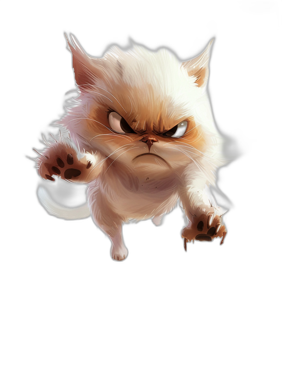 Illustration of an angry cute white cat jumping on a black background in the style of a cartoon with low detail digital painting in the fantasy character design sheet style.