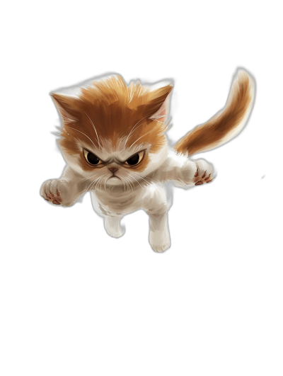 A cute cartoon cat flying in the air, with an angry expression, with white and brown fur colors, against a black background, with high definition details in the style of manga.