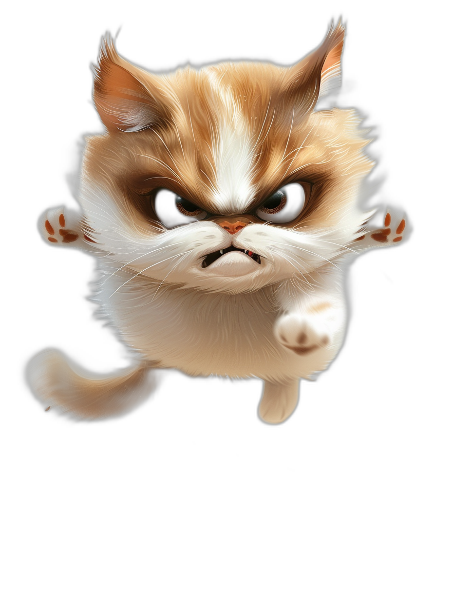 grumpy cat cartoon character, jumping in the air, isolated on black background, full body shot, cute style, detailed, expressive, digital art