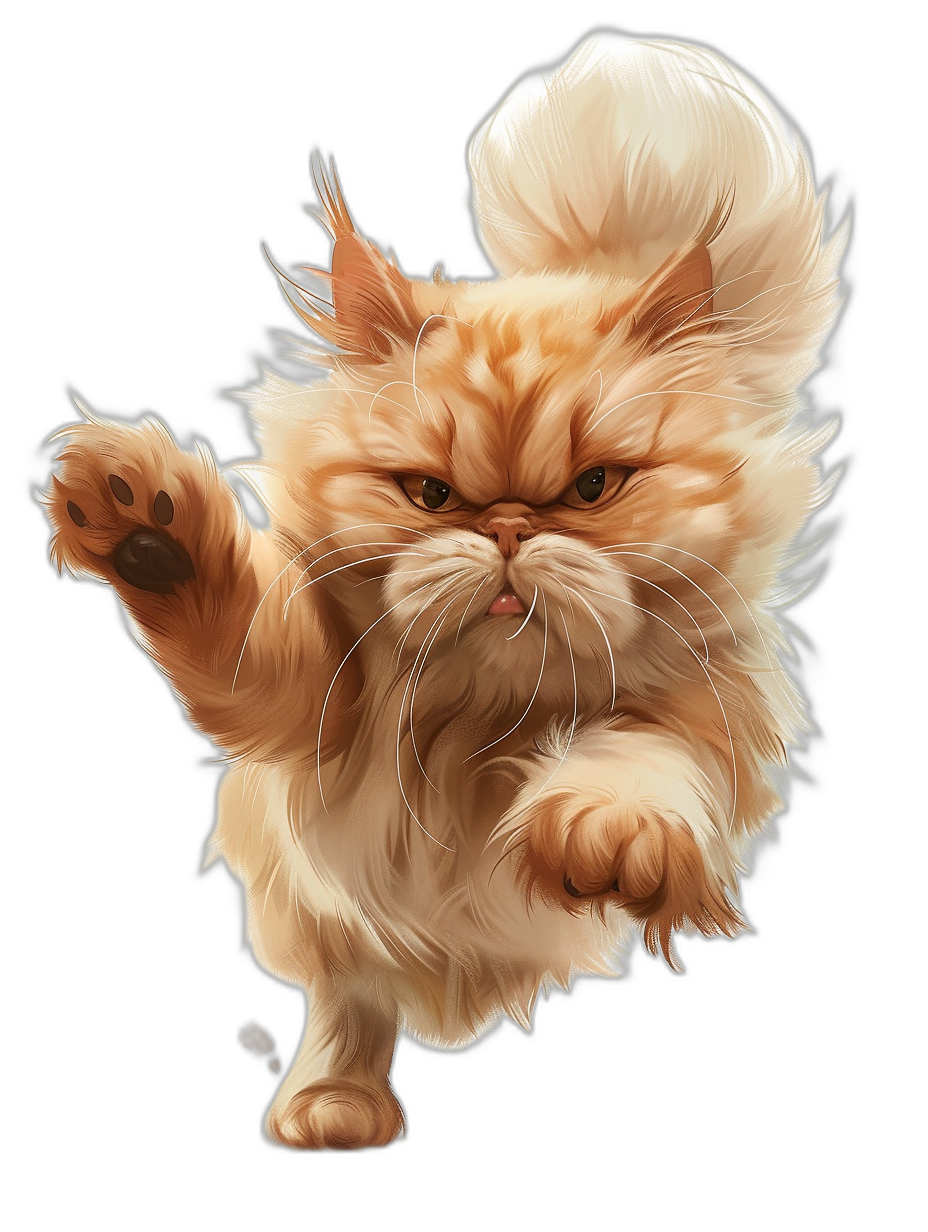 A cute persian cat in a fighting pose, front view, in the vector illustration style with ultra detailed fur texture and in the style of anime art, high resolution, black background, high contrast