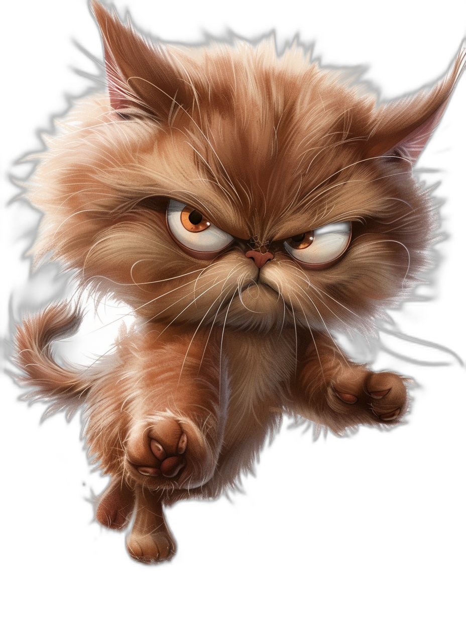 grumpy brown Persian cat cartoon character, jumping pose, angry eyes, 2D game art style, caricature faces with exaggerated features such as big lips and wide necks, black background, digital painting, airbrush realism, 3D render, cute cartoon design, high resolution, smooth gradients, hyper-realistic details, close-up portrait, low angle view, detailed rendering, dynamic composition, vibrant colors, sharp focus, cinematic lighting, high contrast, strong shadows.