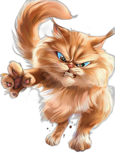 A persian cat with blue eyes in an angry fighting pose in the style of [Akira Toriyama](https://goo.gl/search?artist%20Akira%20Toriyama)'s manga anime art, isolated on a black background, full body shot, 2D digital painting, cute cartoon character in full color.