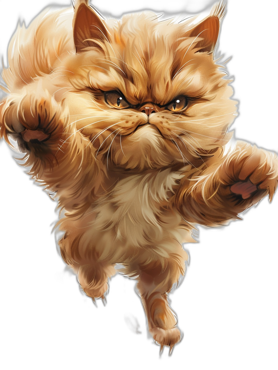 A full body shot of an angry Persian cat flying in the air, in the realistic illustration style, on a black background, with a cute cartoon character design, showing a strong facial expression, with detailed fur texture, at a high resolution, as digital art, with fantasy art inspiration, using vibrant colors, and detailed shading.