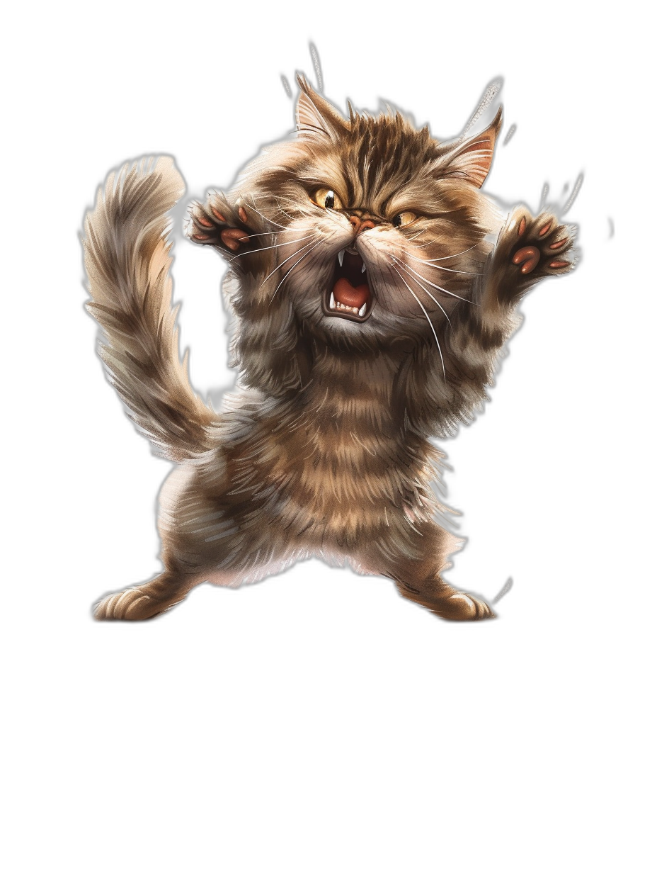 realistic digital illustration of an angry cat jumping, isolated on a black background, full body view, in the style of a t-shirt design