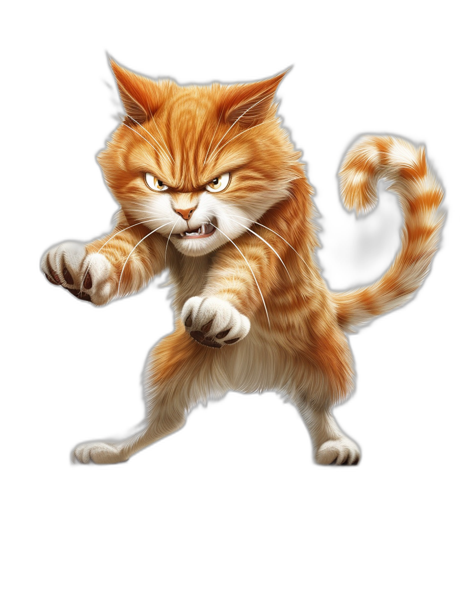 illustration of an angry ginger cat in fighting pose, full body view, isolated on black background, high resolution photography