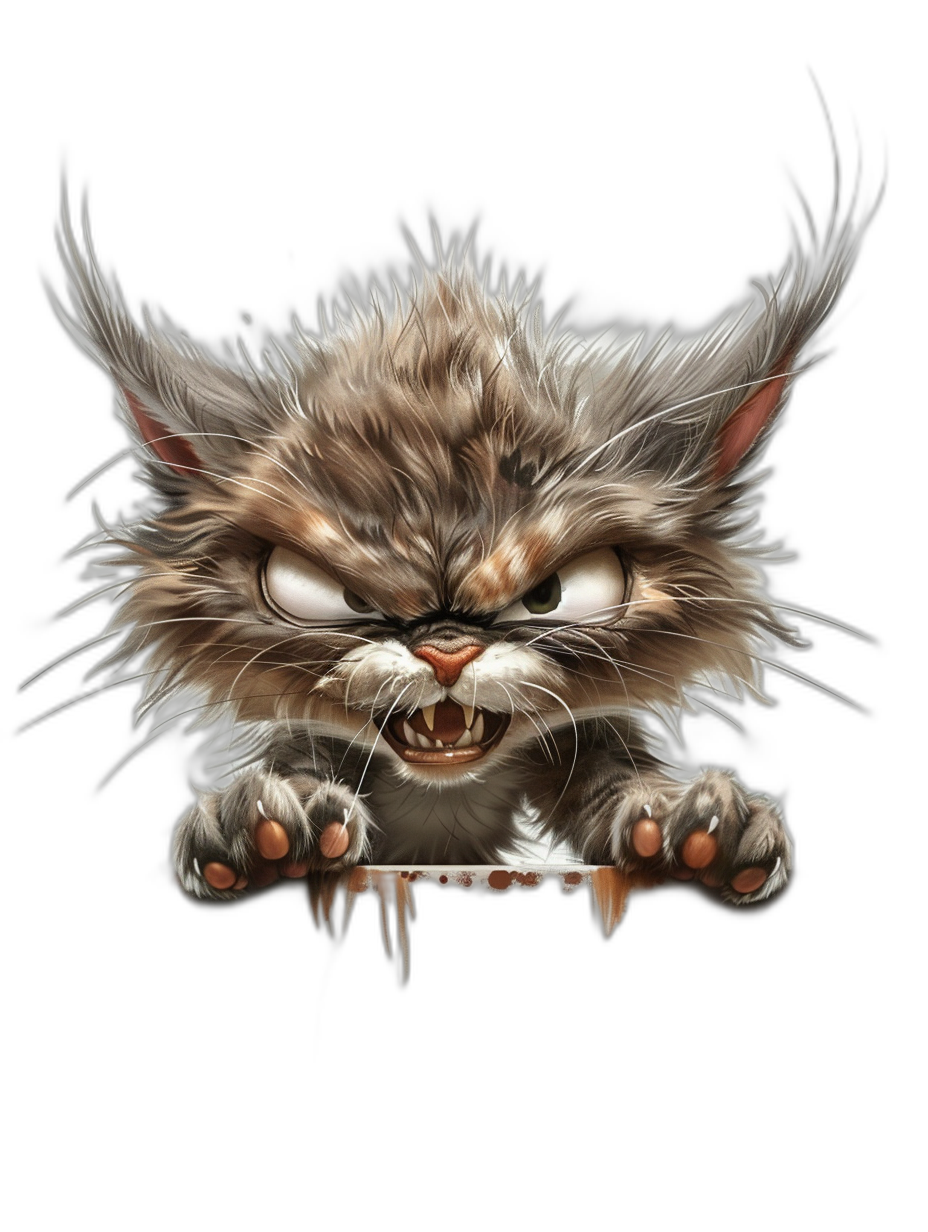 realistic digital illustration of an angry cute cat with long fur, peeking out from behind the edge of a blank sign and holding it down with its paws, isolated on black background,