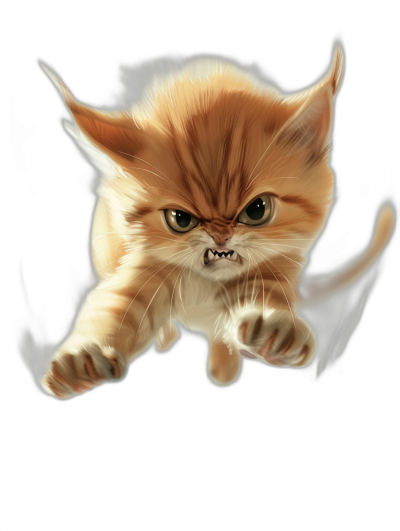 A cute flying kitten with an angry expression on its face against a black background in the cartoon style of a digital painting. The high detail fantasy art drawing shows the full body of the kitten in a very realistic and sharply focused style, as if from a studio photo shoot with studio lighting.