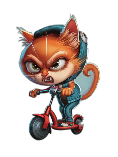 grumpy chibi cat on scooter, wearing helmet and jacket character design in the style of [Tiago Hoisel](https://goo.gl/search?artist%20Tiago%20Hoisel), caricature-like, playful caricatures, illustration style with black background