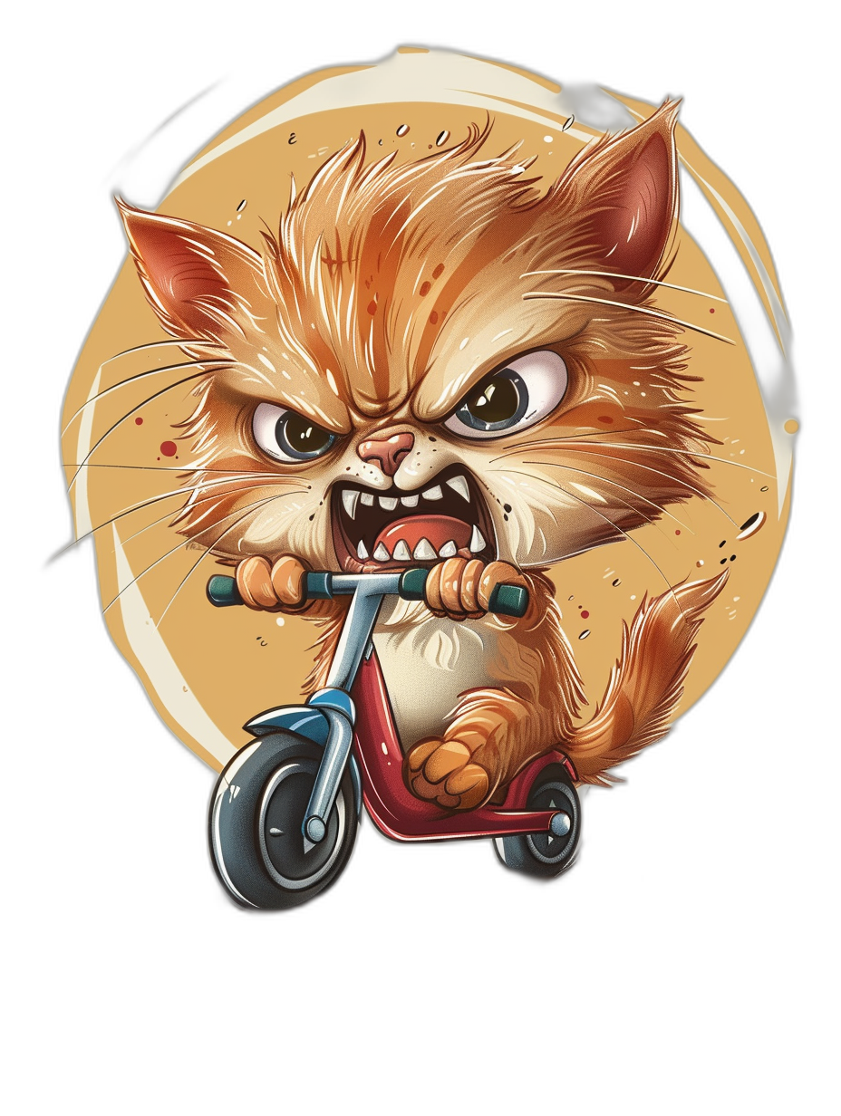 A cartoon illustration of an angry cat riding a scooter, t-shirt design graphic, ultra detailed, isolated on a black background, in the style of unreal engine, in the style of octane render.