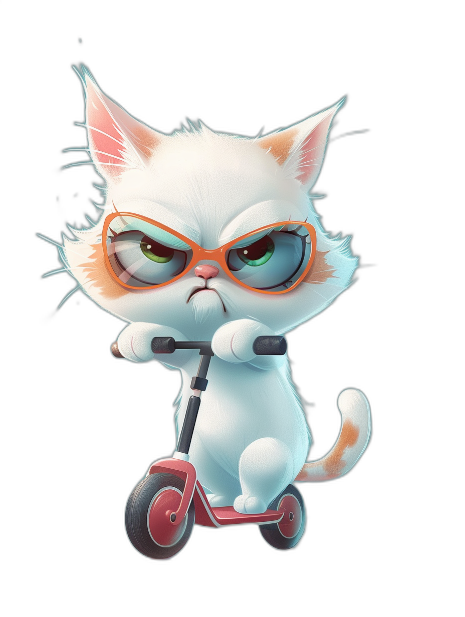 grumpy white cat with glasses riding scooter, in the style of cartoon, black background, cute, in the style of Pixar, 2d art, digital art, high quality